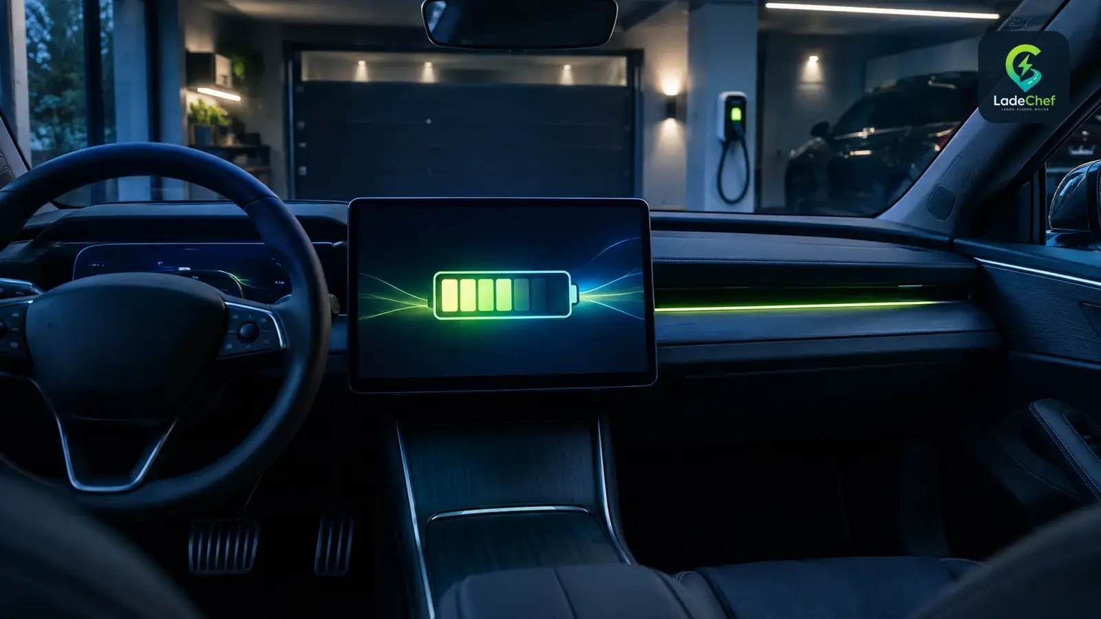 Innenraum eines E-Autos mit Akkuanzeige im Display