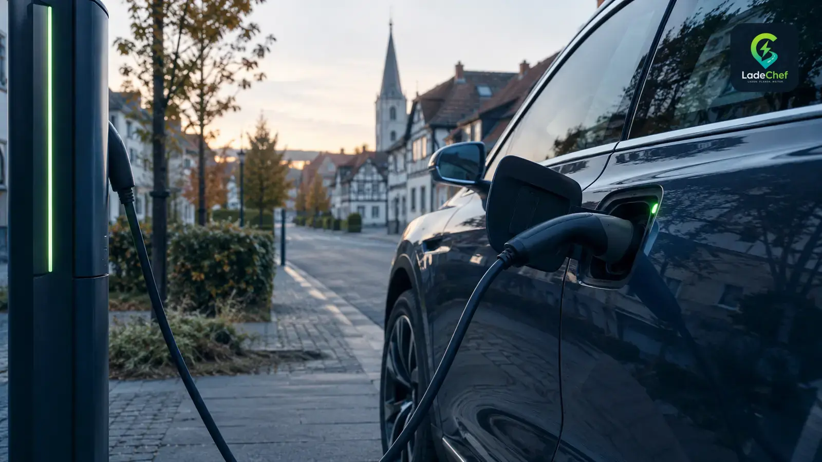 Ladekabel steckt im Ladeanschluss eines E-Autos an einer Ladesäule im Morgenlicht