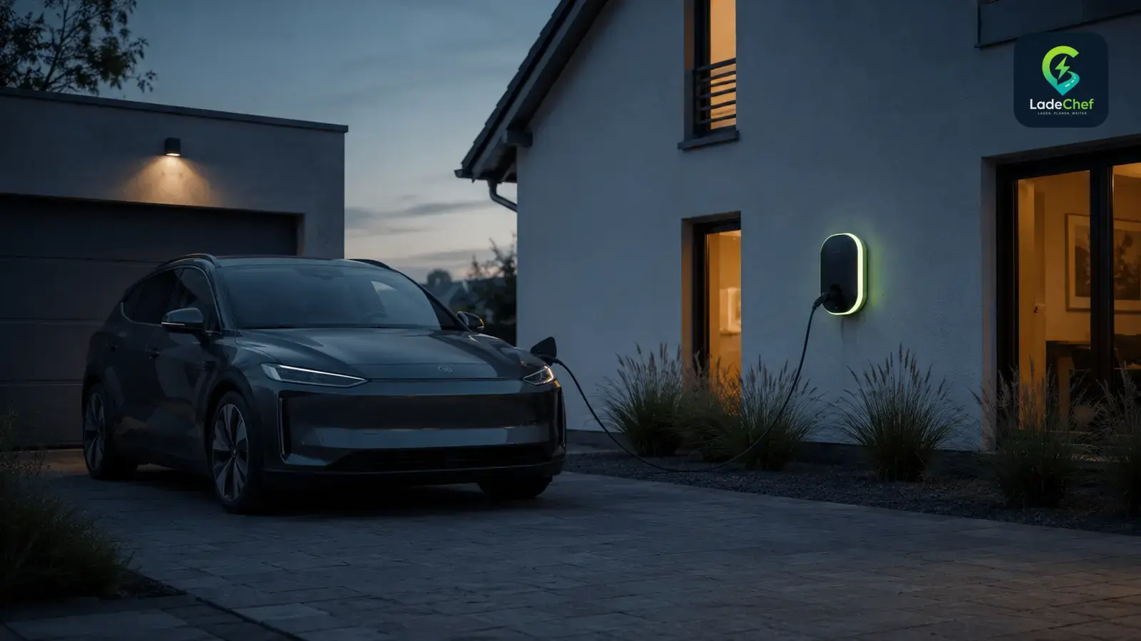 E-Auto an der Wallbox vor einem beleuchteten Einfamilienhaus in der Dämmerung