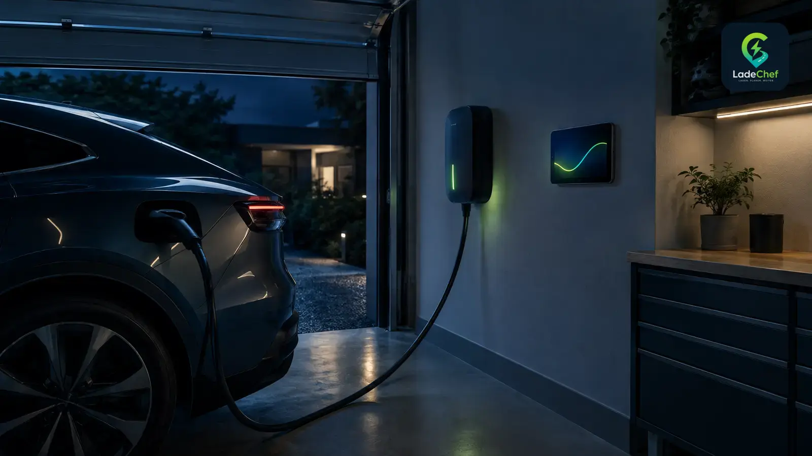 E-Auto lädt nachts in der Garage an der Wallbox