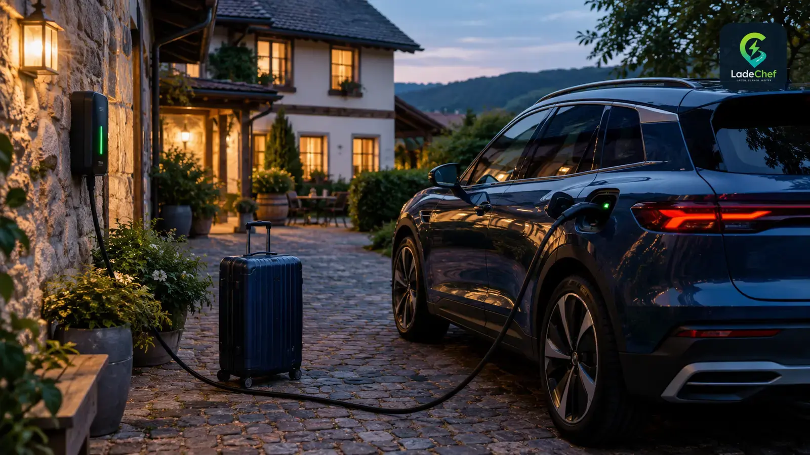 E-Auto lädt an einer Wallbox im Innenhof einer Pension, daneben steht ein Reisekoffer