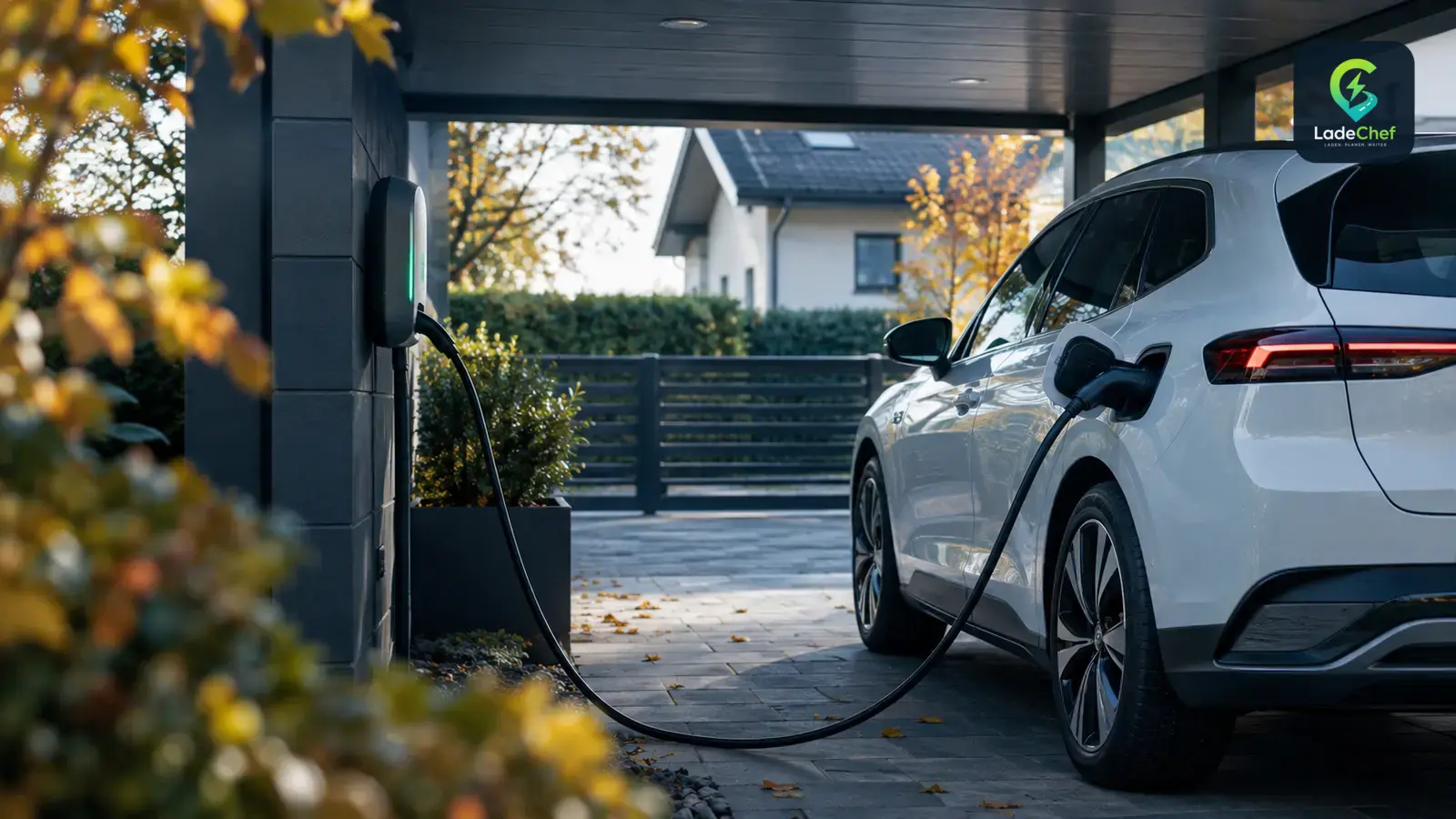 Weißes E-Auto lädt morgens an einer Wallbox im Carport eines Einfamilienhauses