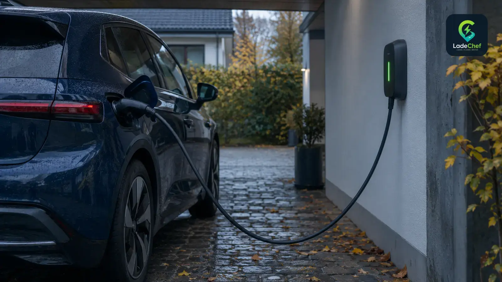 E-Auto lädt an einer Wallbox im Carport eines Wohnhauses an einem ruhigen Herbstmorgen