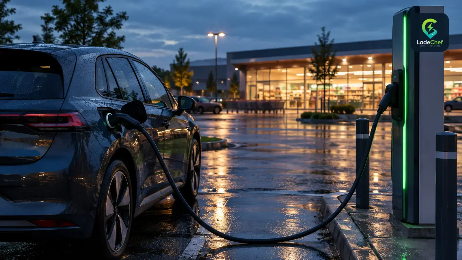 E-Auto lädt abends an einer öffentlichen Ladesäule auf einem Supermarktparkplatz
