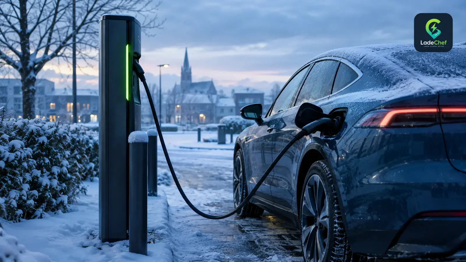 E-Auto lädt an einem verschneiten Wintermorgen
