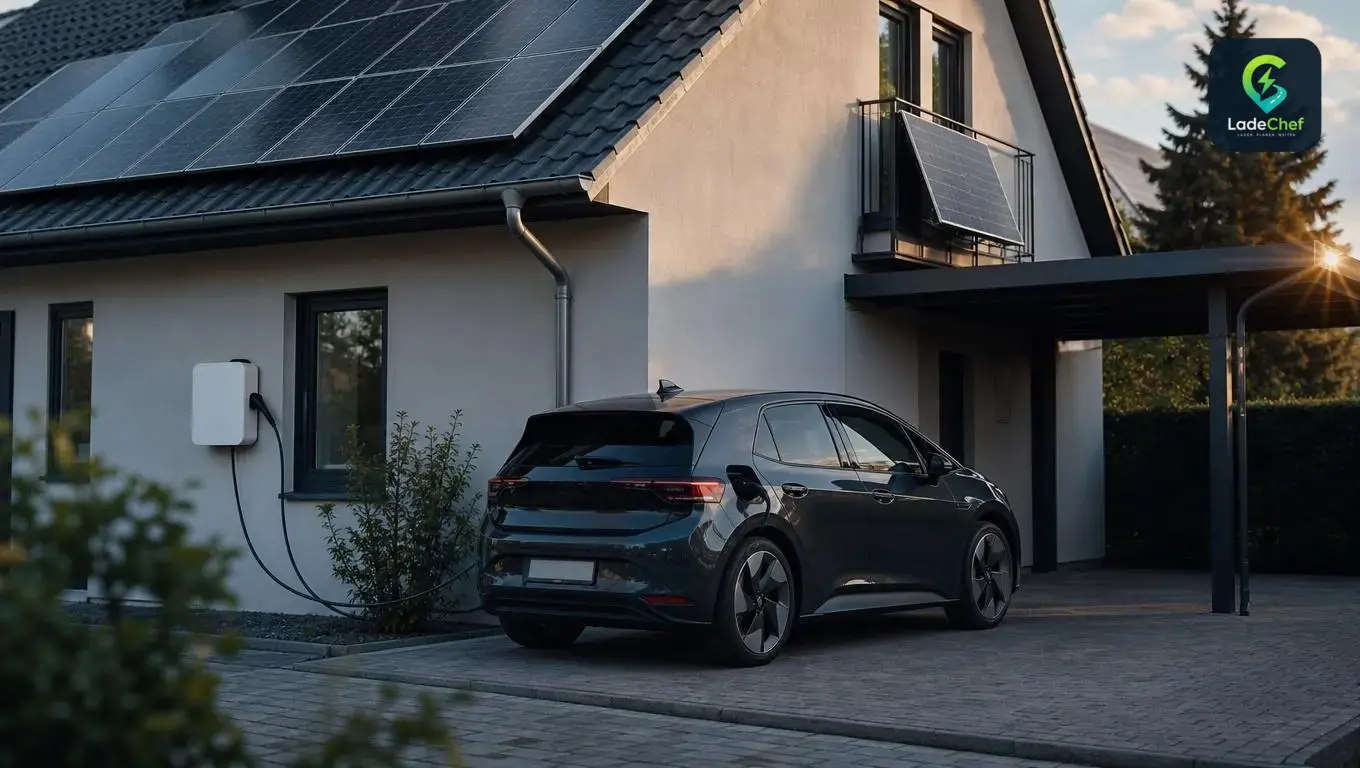 E-Auto lädt an Wallbox vor Einfamilienhaus mit Solardach und Balkonkraftwerk