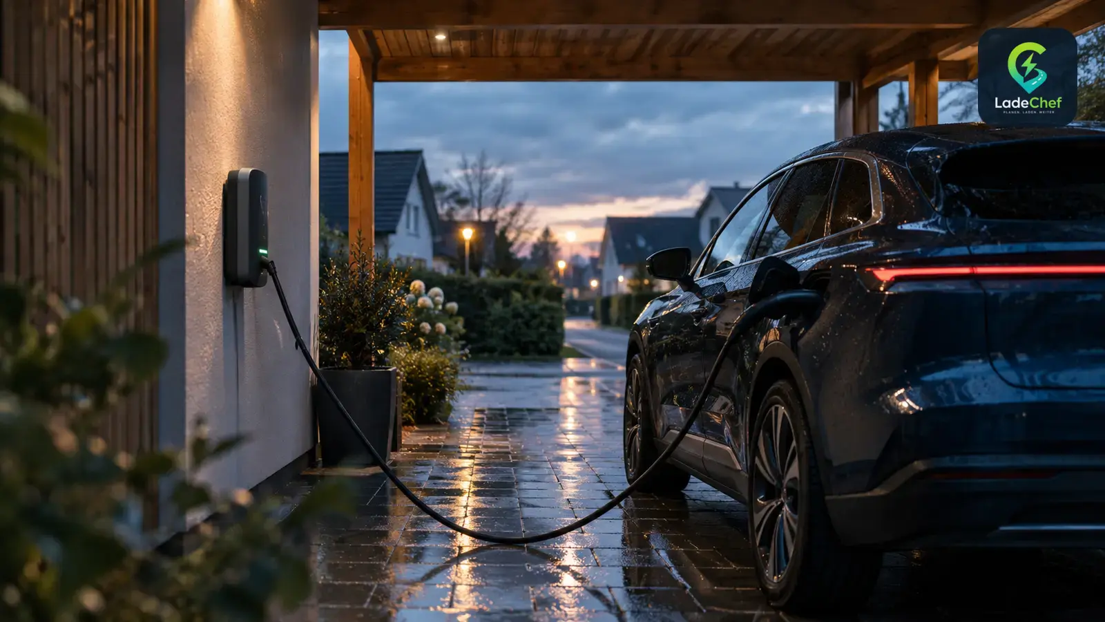 E-Auto lädt abends unter einem Carport an der Wallbox, das Ladekabel ist eingesteckt