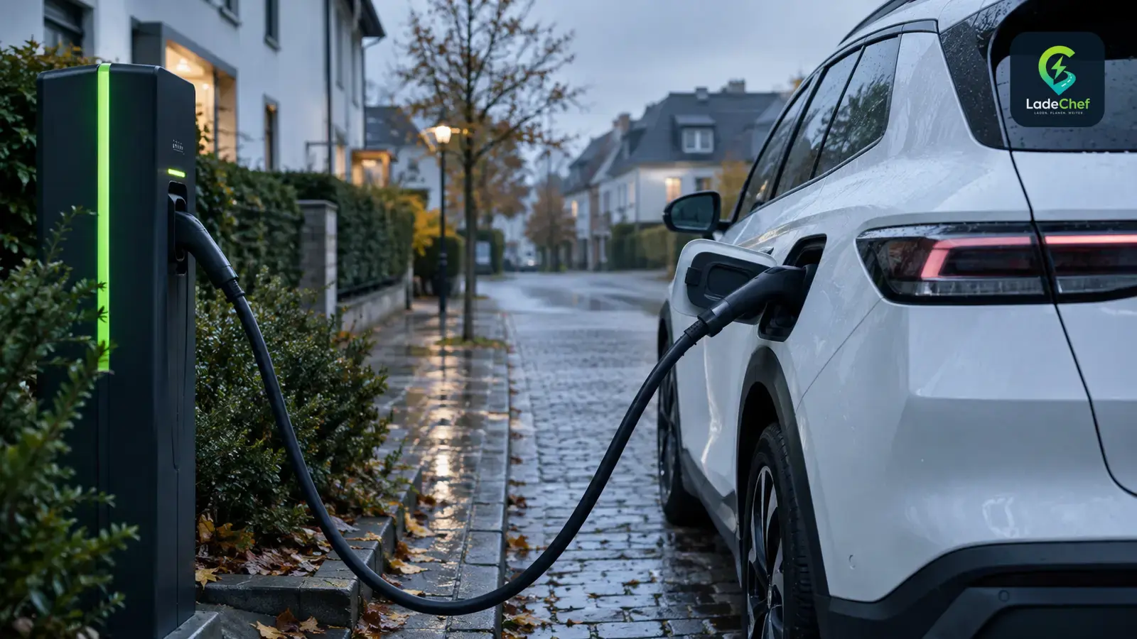 Weißes Elektroauto lädt an einer öffentlichen Ladesäule in einer ruhigen Wohnstraße