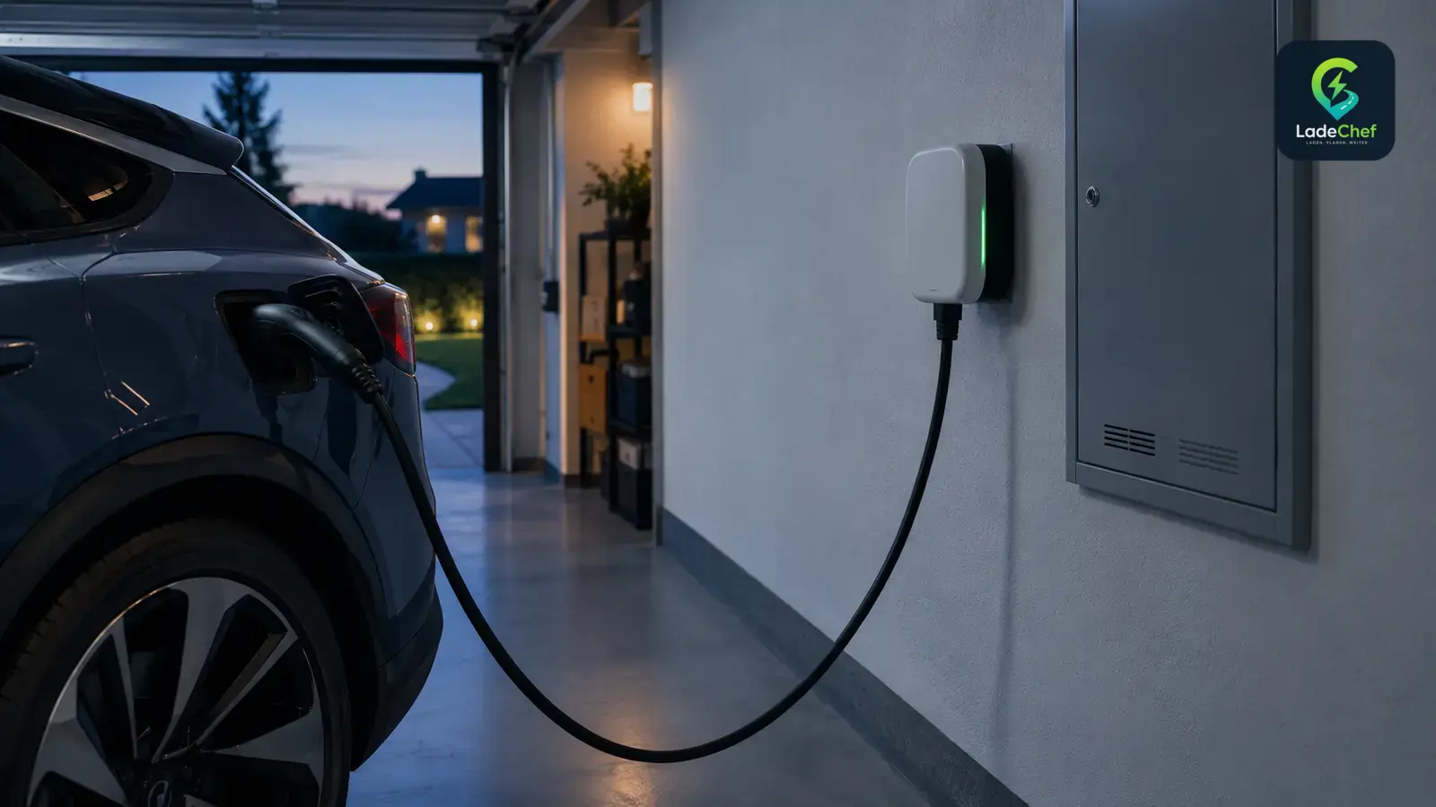 E-Auto lädt an einer Wallbox in der Garage, daneben ein geschlossener Zählerschrank