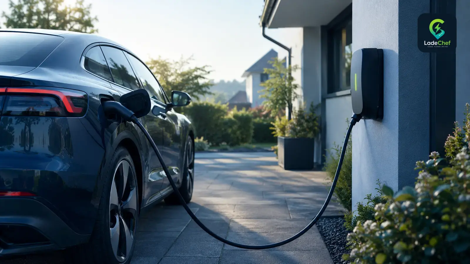 E-Auto lädt an einer Wallbox in der Einfahrt eines Wohnhauses im Morgenlicht