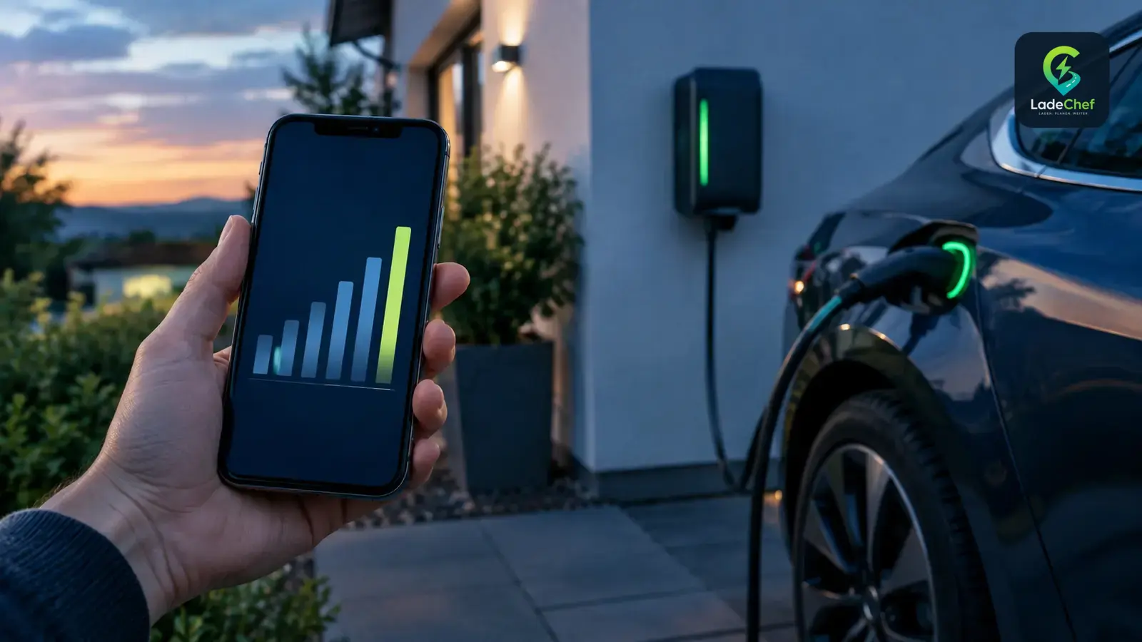 Smartphone mit Kostengrafik vor einem ladenden E-Auto