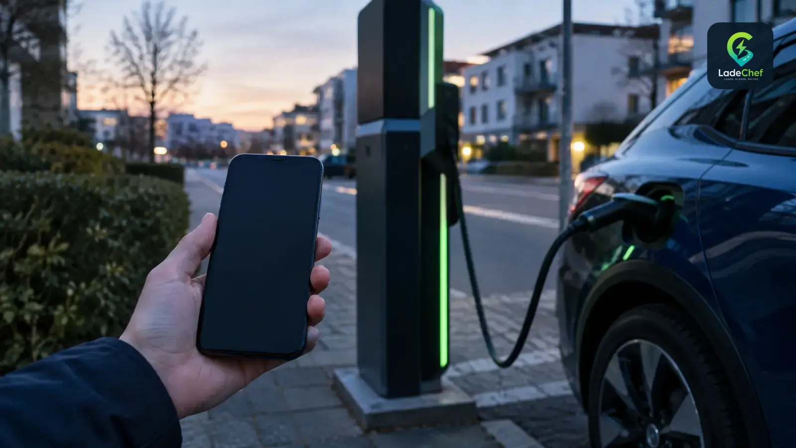 Hand mit Smartphone vor einer Ladesäule, an der ein E-Auto in der Abenddämmerung lädt