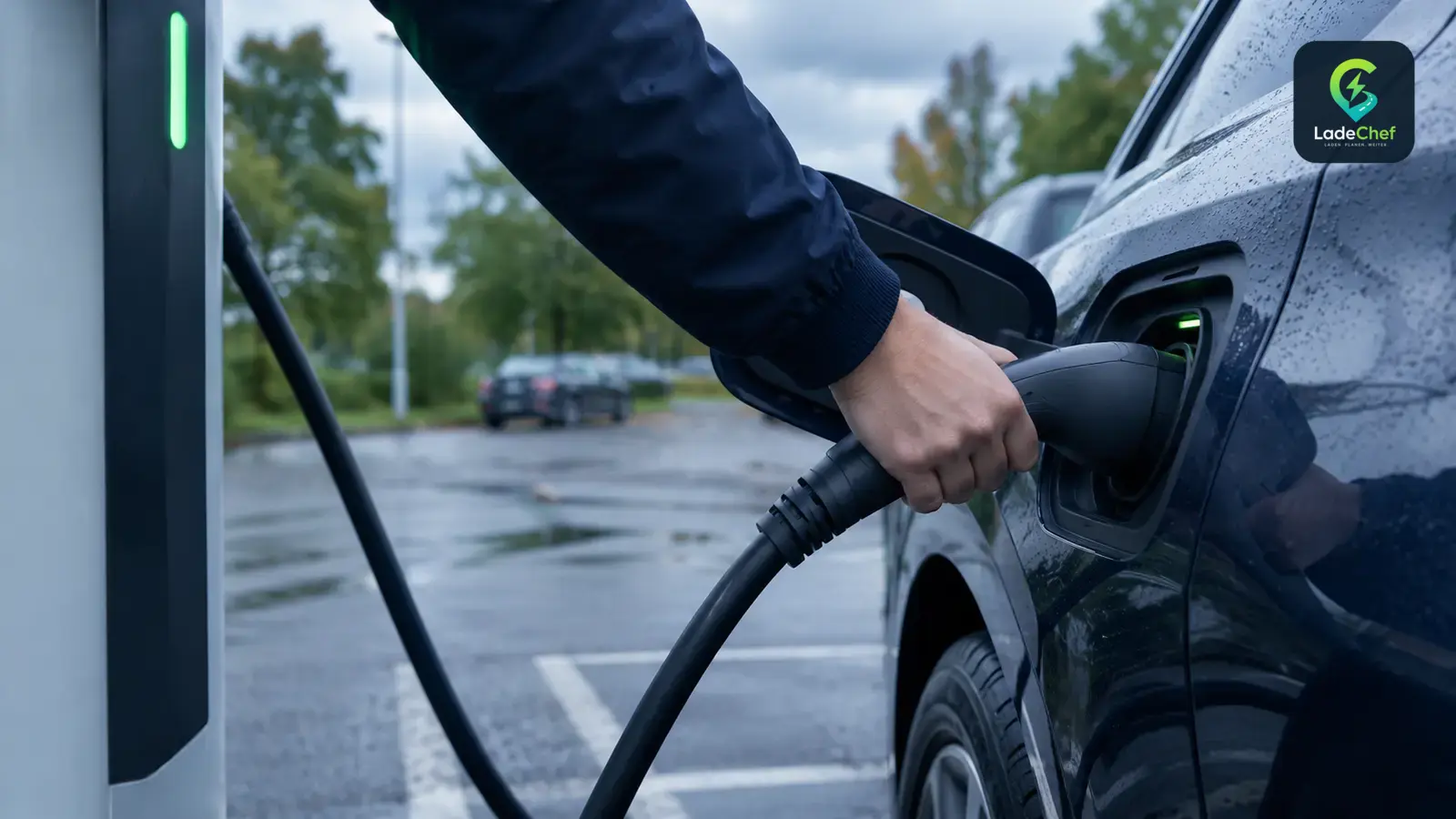 Hand am Ladestecker eines E-Autos an einer Ladesäule auf einem ruhigen Parkplatz