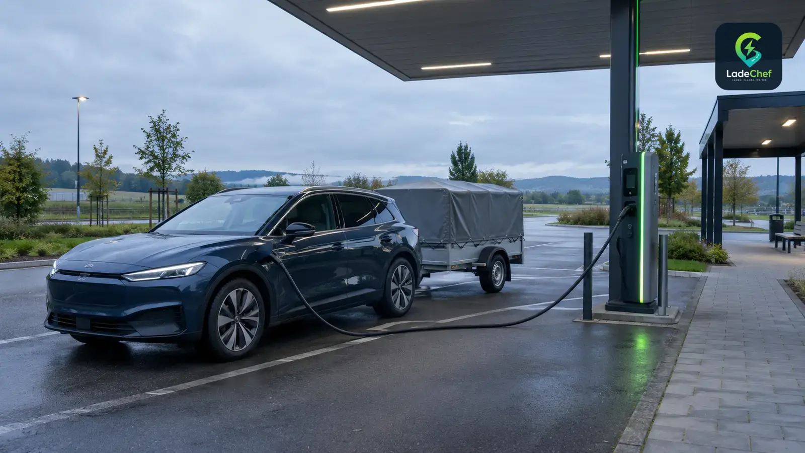 E-Auto mit Anhänger an breiter, ebenerdiger Ladesäule, Ladekabel eingesteckt