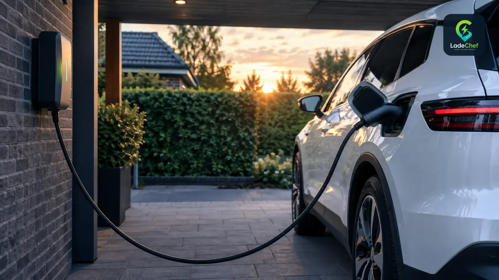 Weißes E-Auto lädt an einer Wallbox im Carport eines Einfamilienhauses im Abendlicht