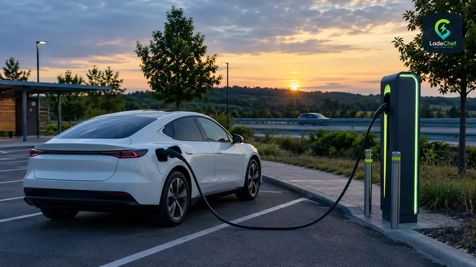 E-Auto lädt in der Abenddämmerung an einer Schnellladesäule auf einem Autobahnrastplatz