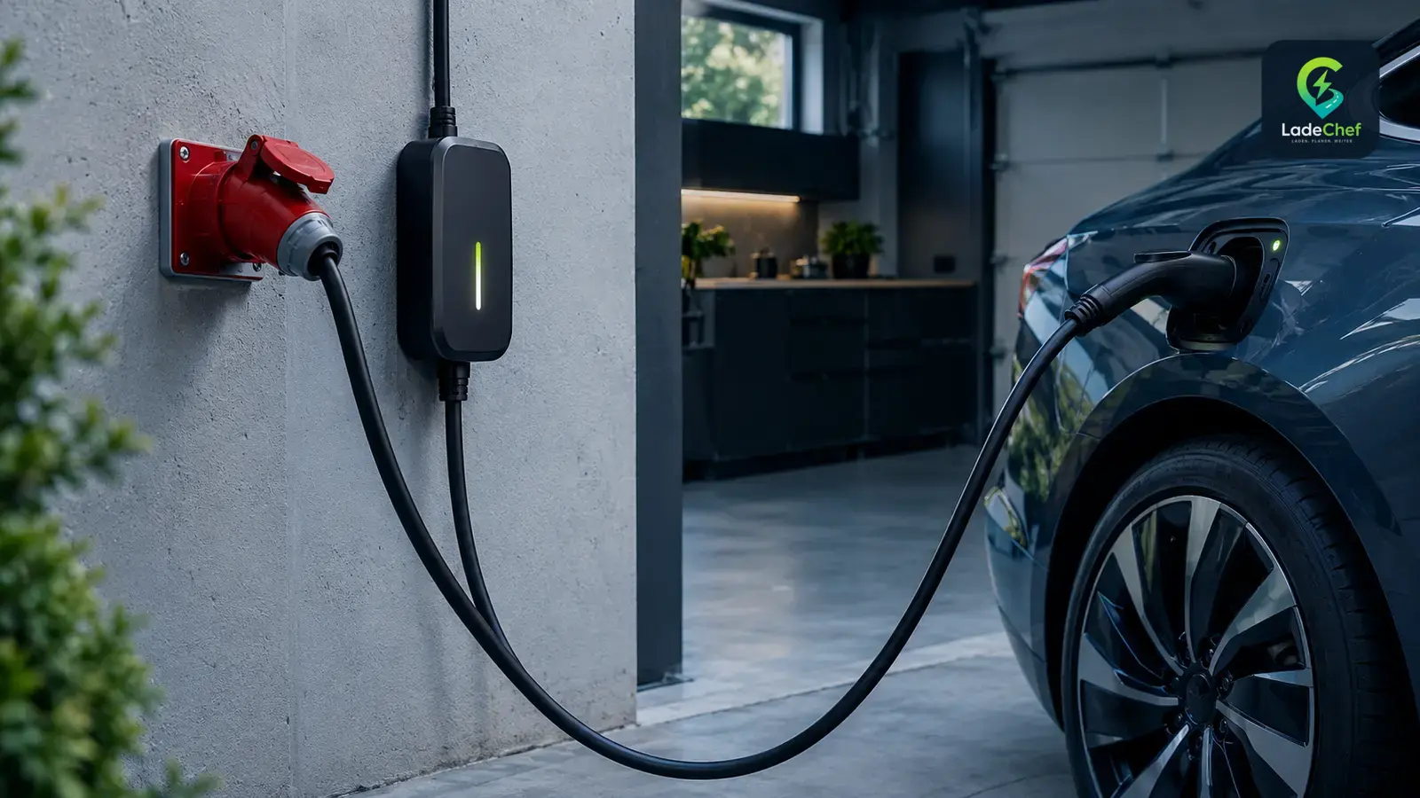 Mobiles Ladegerät an einer roten CEE-Steckdose in der Garage