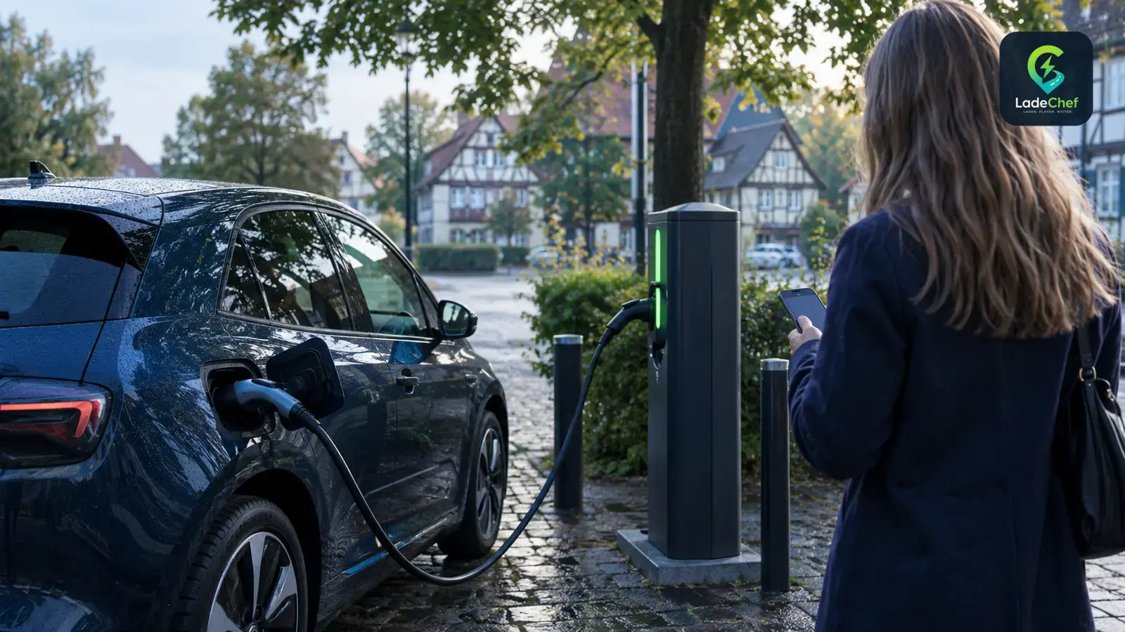 Elektroauto lädt an einer öffentlichen Ladesäule auf einem ruhigen Parkplatz