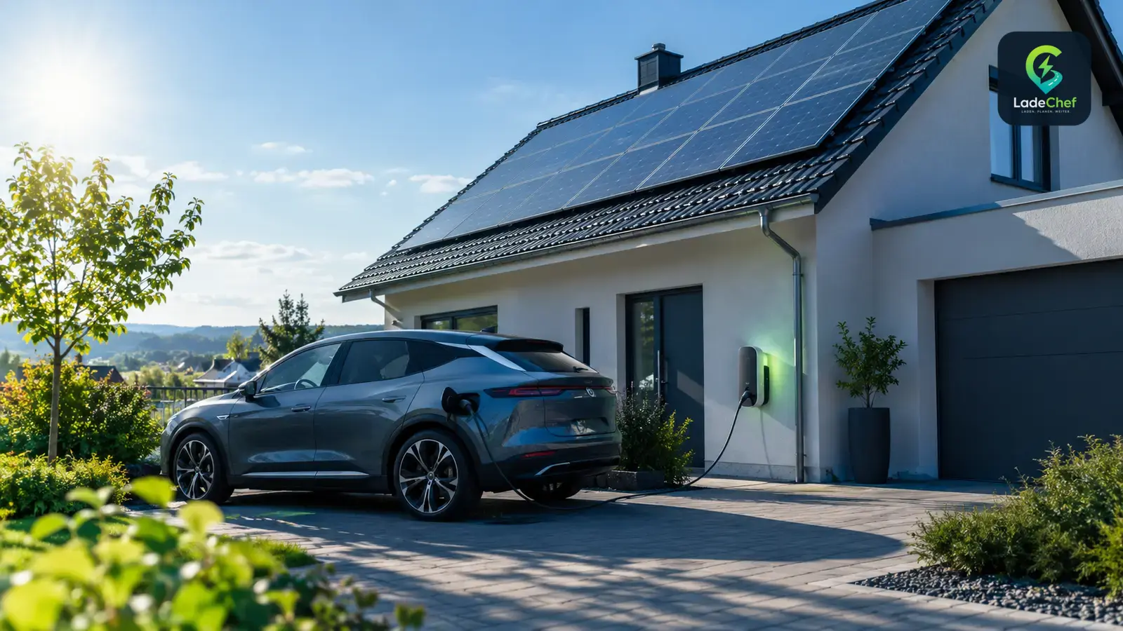 Einfamilienhaus mit Solaranlage, E-Auto lädt an der Wallbox