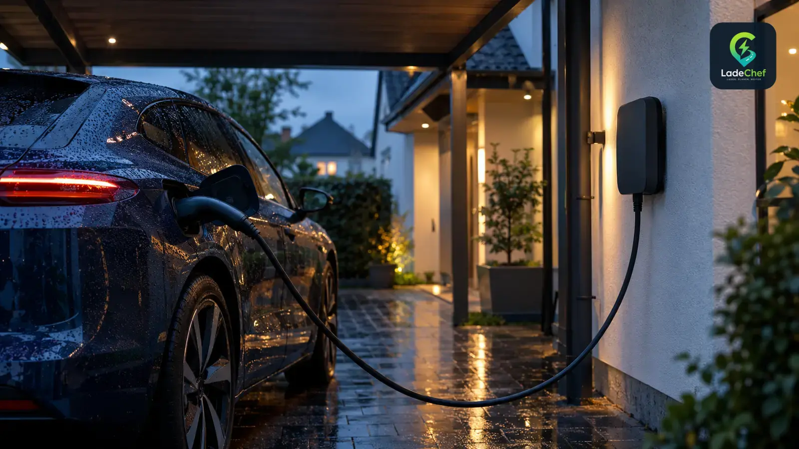 E-Auto lädt bei Regen unter einem Carport, das Ladekabel steckt sicher am Fahrzeug