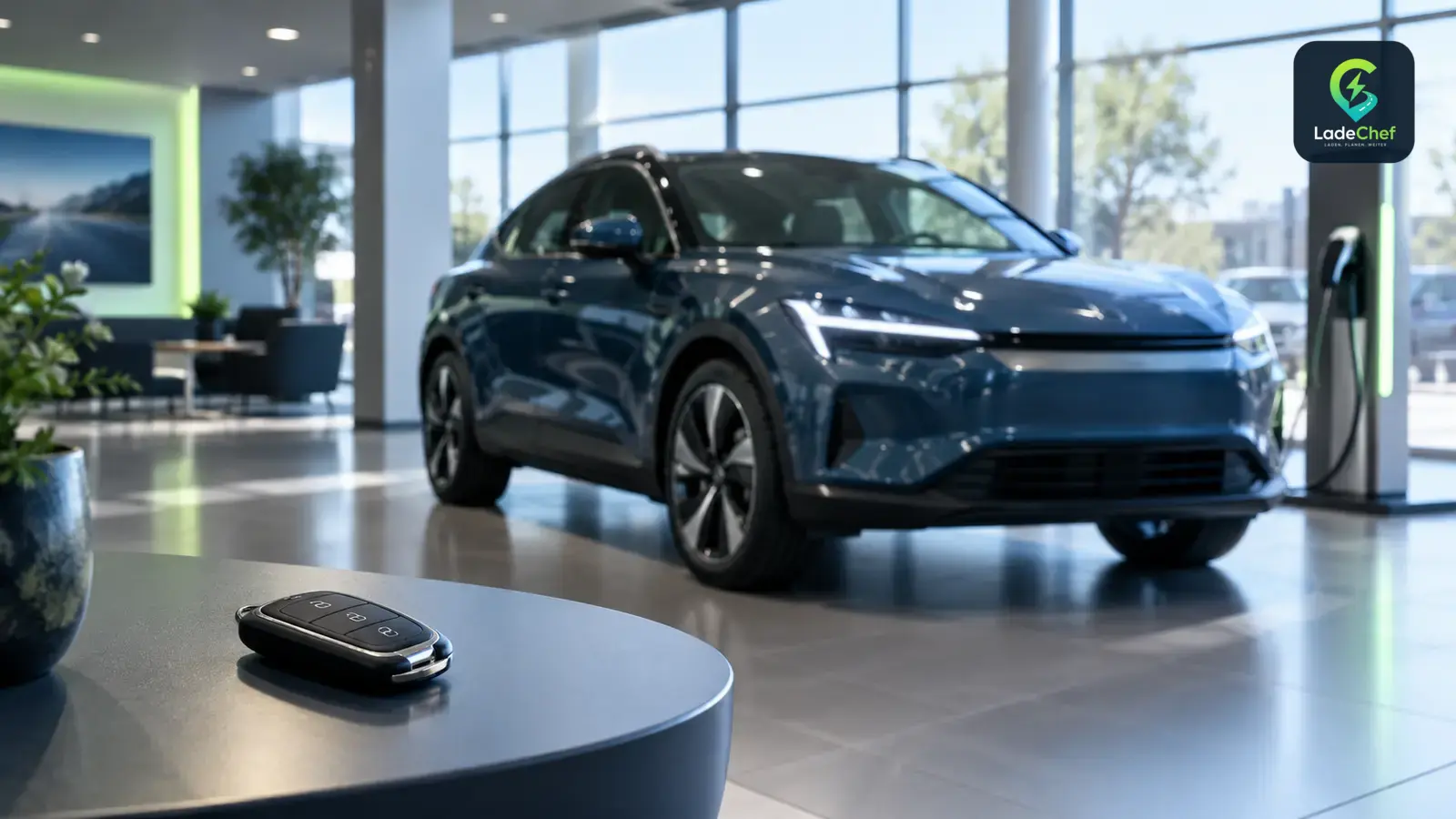 Neues E-Auto bei der Übergabe im Autohaus