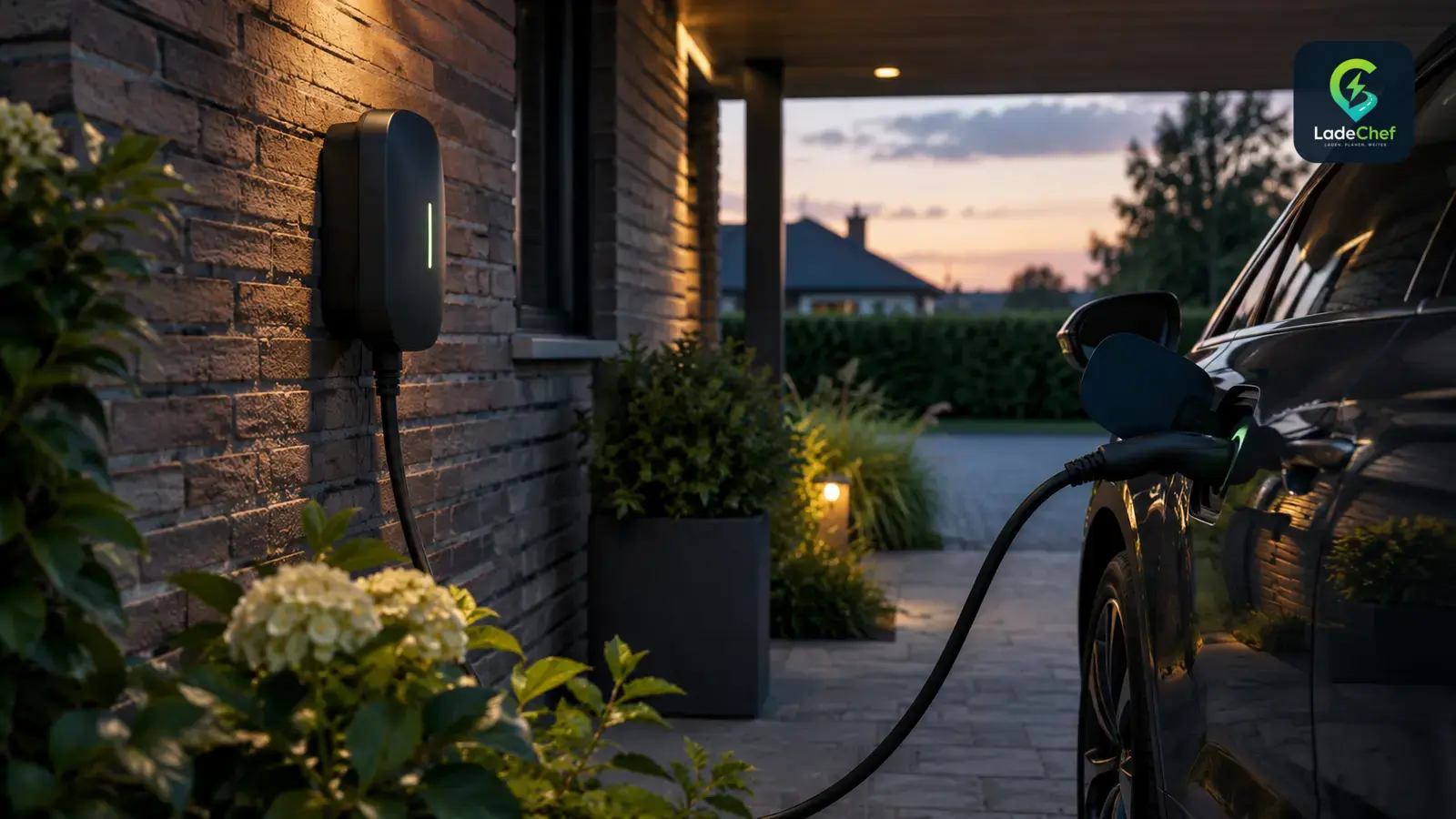 Wallbox an der Hauswand lädt abends ein E-Auto im Carport