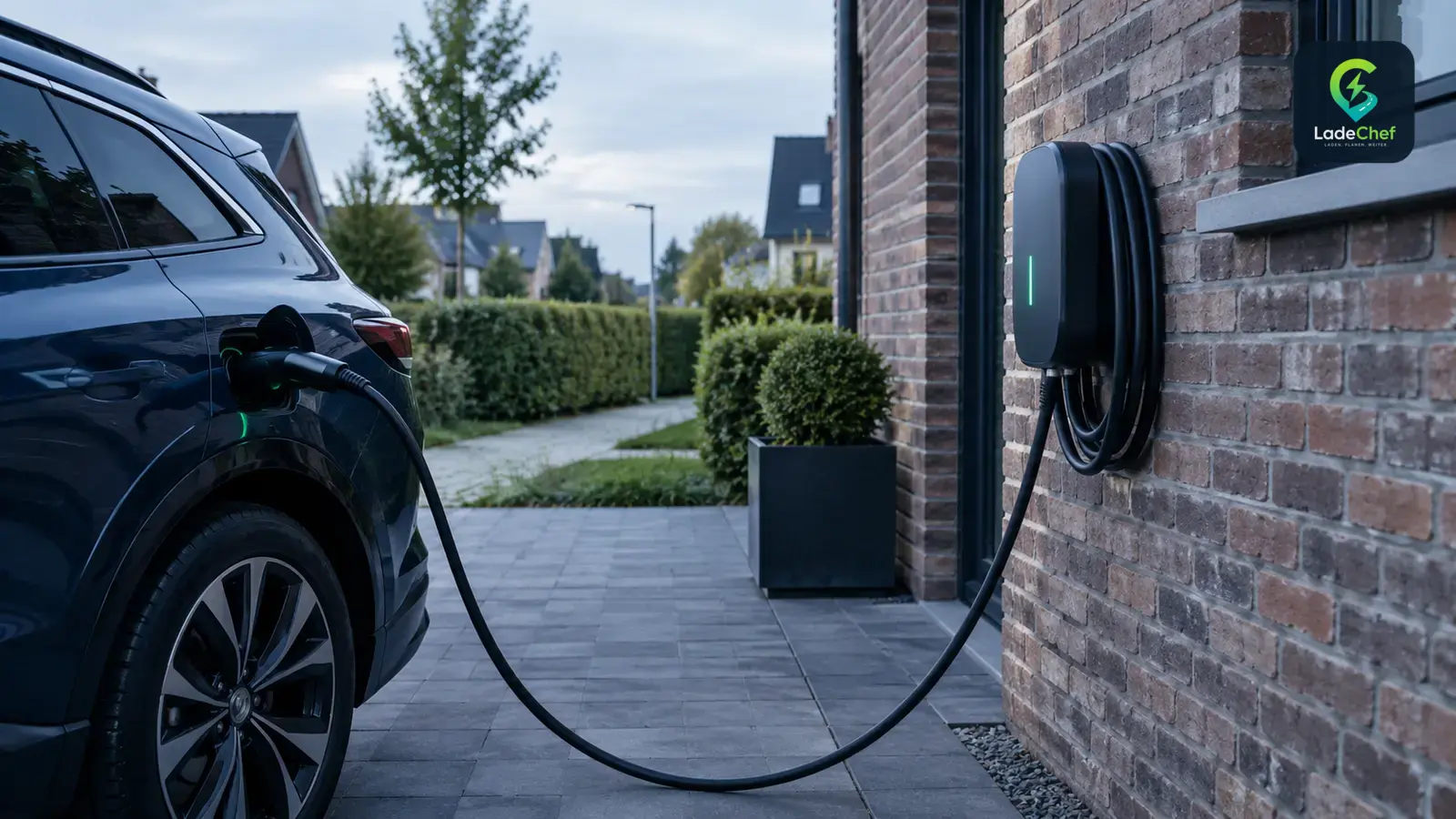 Wallbox an der Hauswand, Ladekabel zum E-Auto in der Einfahrt, dahinter ein Gehweg