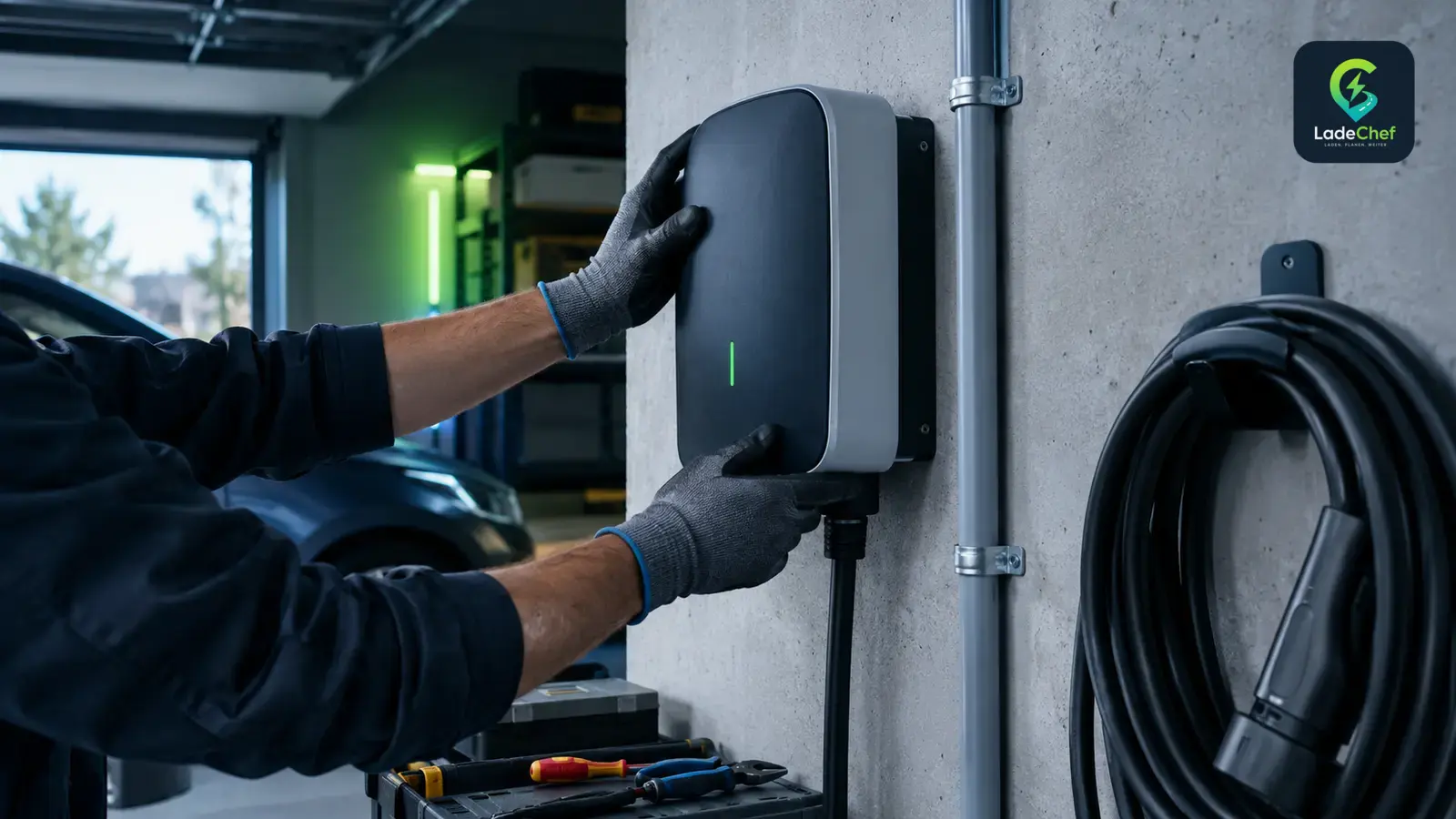 Elektriker montiert eine Wallbox an der Garagenwand