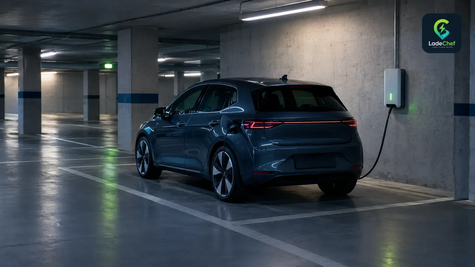 E-Auto lädt an einer Wallbox in der Tiefgarage eines Mehrfamilienhauses