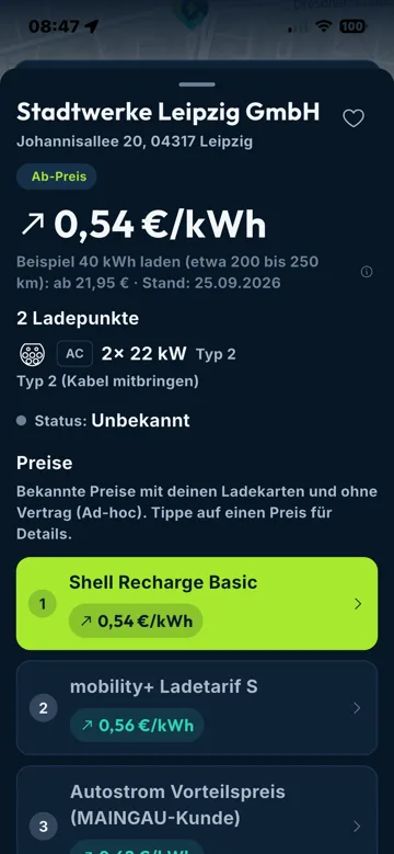 iPhone-App: Preise einer Ladesäule in Leipzig mit Ladekarten und ohne Vertrag