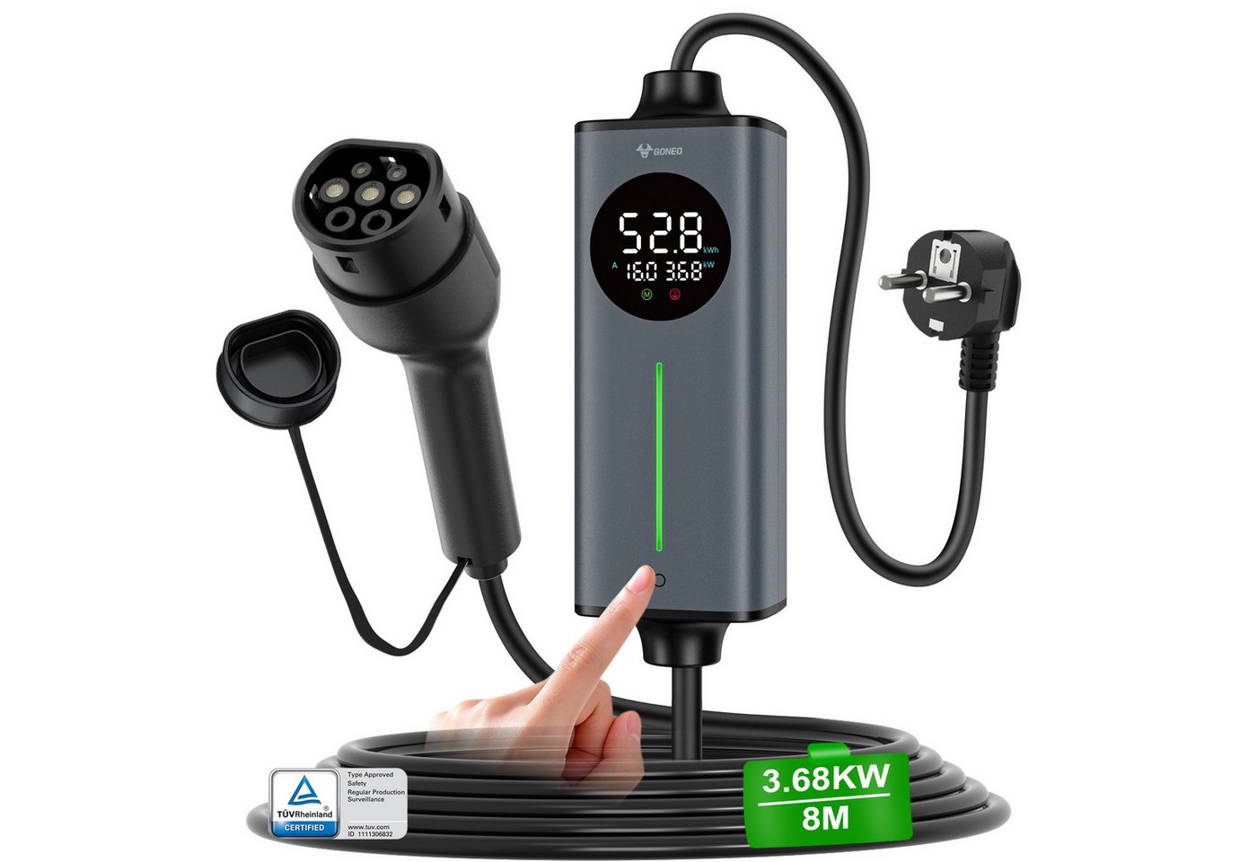 GONEO Tragbares Elektroauto-Ladegerät Typ 2, Schuko, 3,7 kW, 1-phasig