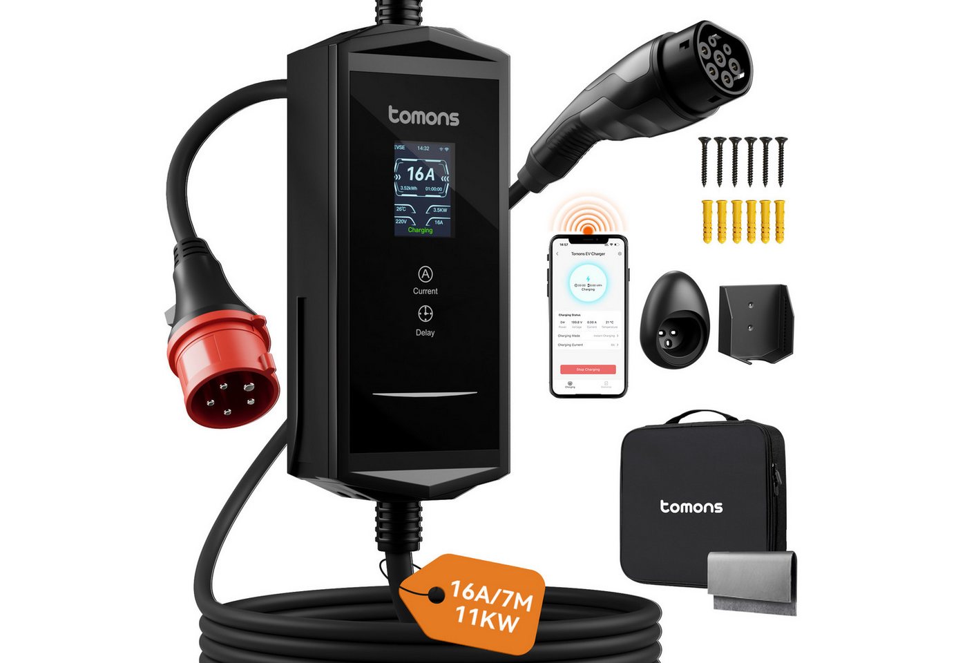 Tomons Mobile Wallbox Typ 2, 11 kW, 3-Phasen, 7 m, App