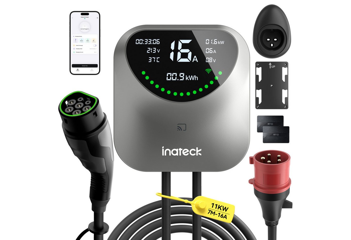 Inateck Wallbox Typ 2, 11 kW/22 kW, 7 m, App & RFID, WLAN, IP65