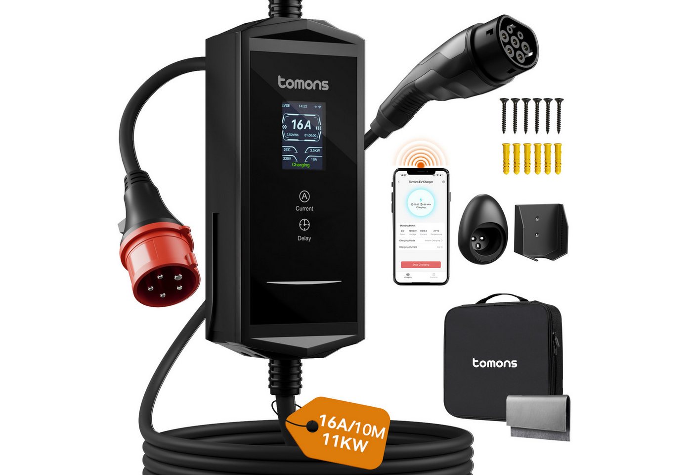Tomons Mobile Wallbox Typ 2, 11 kW, 3-Phasen, 10 m, App