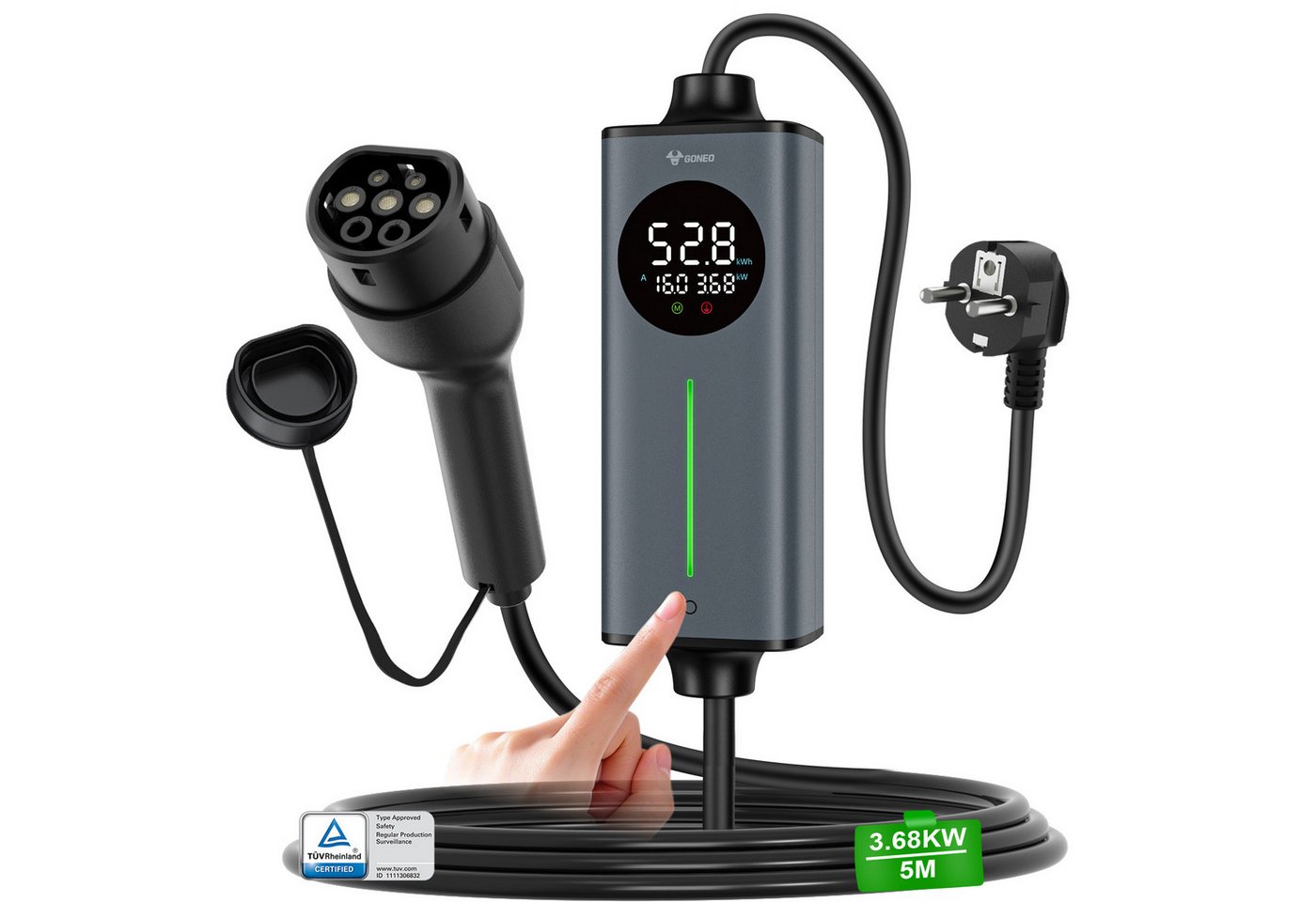 GONEO Tragbares Elektroauto-Ladegerät Typ 2, Schuko, 3,7 kW, 1-phasig