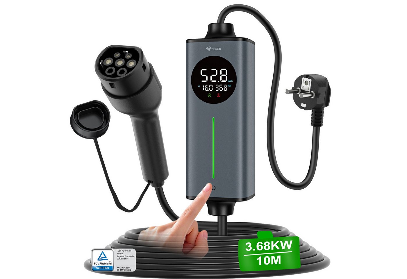 GONEO Tragbares Elektroauto-Ladegerät Typ 2, Schuko, 3,7 kW, 1-phasig